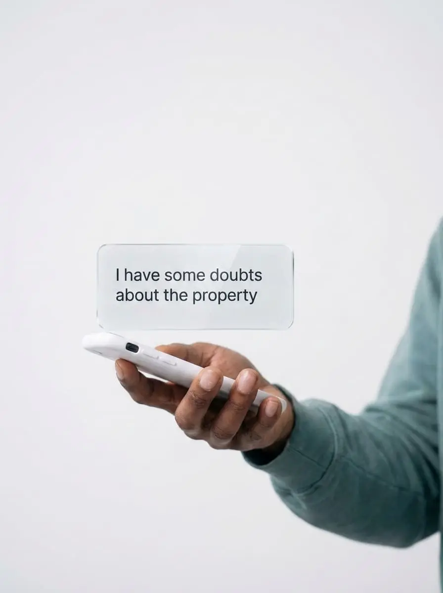 Close-up of person holding smartphone with floating AI chat prompt reading 'I have some doubts about the property' illustrating AI-powered virtual assistant for answering buyer queries instantly.