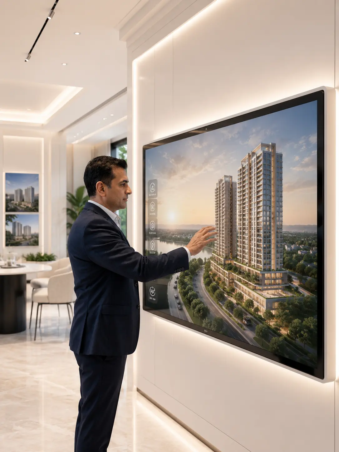 Real estate professional using large interactive touchscreen exploring three-dimensional residential development viewing project masterplan, tower configuration, amenities, neighbourhood through Sparrow's MetaVyom property visualization platform.